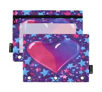 Confezione da 2 astucci per matite standard a 3 anelli, con finestrella trasparente, con cerniera, per ufficio, scuola, scuola, viola, cuore, giorno rosso e blu, stelle
