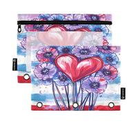 Confezione da 2 astucci per matite standard a 3 anelli, raccoglitore con finestra trasparente, con cerniera, per ufficio, classe, scuola, forniture scolastiche, viola, motivo papaveri viola