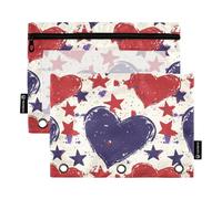 Confezione da 2 astucci per raccoglitori a 3 anelli, con finestra trasparente con cerniera, astuccio per scuola, classe, ufficio, organizzatori viola con cuori rossi e stelle blu