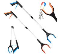 Confezione da 2 bastoncini lunghi 83 cm, pieghevoli, per disabili, anziani e adulti, con testa rotante a 360° e artiglio magnetico (colore: blu + arancione)