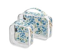 Confezione da 2 borse da toilette da uomo decorative trasparenti approvate TSA piccolo fiore blu e verde impermeabile piccola borsa cosmetica aeroporto conforme alle compagnie aeree Bolsa de