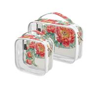 Confezione da 2 borse da toilette decorative trasparenti da donna, approvate dalla TSA, lettera P, peonia rossa, fiore acquerello, impermeabili, con cerniera, kit da barba da uomo