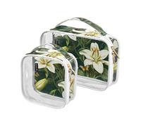 Confezione da 2 borse da toilette decorative trasparenti piccole approvate TSA retrò bianco fiore verde impermeabile grandi borse cosmetiche per donne viaggio essenziale de maquillaje