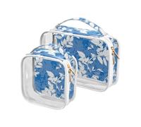 Confezione da 2 borse da toilette trasparenti blu bianche Boho Flowers Bloom piccola TSA approvata trasparente borsa da viaggio essenziale da viaggio, fiori boho blu bianchi fioriscono, fiori boho