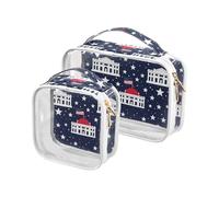 Confezione da 2 borse da toilette trasparenti con design a casa blu 4 luglio Independence Day set TSA approvato borsa impermeabile per il trucco piccola Airport Airline Compliant, design della casa
