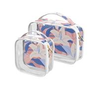 Confezione da 2 borse da toilette trasparenti grandi con fiori di giglio bianco e foglie blu, piccole borse da viaggio riutilizzabili approvate TSA per il trucco da viaggio essenziali per, grandi