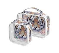 Confezione da 2 borse da toilette trasparenti in stile bohémien, con fiori e tigri gialle, piccole borse riutilizzabili approvate TSA per le donne conformi alle compagnie aeroportuali, Stile boho