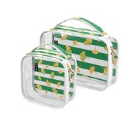 Confezione da 2 borse da viaggio trasparenti decorative da uomo approvate TSA verde bianco a righe ginkgo biloba foglia impermeabile da viaggio borsa per il trucco da viaggio aeroporto conforme alle