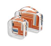Confezione da 2 borse da viaggio trasparenti decorative da viaggio approvate TSA Boho arancione e blu a righe regolari trasparenti borse da viaggio per cosmetici da donna essenziali per la rasatura