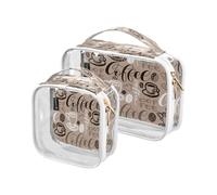 Confezione da 2 borse trasparenti da viaggio per cosmetici, articoli da toeletta carini con lettere di caffè, per donne, uomini e ragazze, borsa organizer per cosmetici retrò per oggetti essenziali da