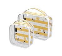 Confezione da 2 borse trasparenti da viaggio per cosmetici, articoli da toeletta con api cartoni animati, per donne, uomini e ragazze, a righe gialle e bianche, organizer per cosmetici essenziali da