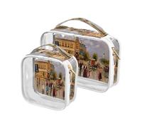 Confezione da 2 borse trasparenti da viaggio per cosmetici, articoli da toeletta con dipinti a olio, castello, persone per donne, uomini e ragazze, borsa organizer per cosmetici ad acquerello per
