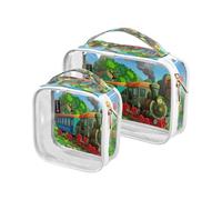 Confezione da 2 borse trasparenti da viaggio per cosmetici, cosmetici, articoli da toeletta a forma di treno, per donne, uomini e ragazze, borsa organizer per cosmetici con treno ad acquerello, per