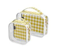 Confezione da 2 borse trasparenti da viaggio per cosmetici, cosmetici, articoli da toeletta a quadretti color oro per donne, uomini e ragazze, con texture gialla, organizer per cosmetici essenziali da