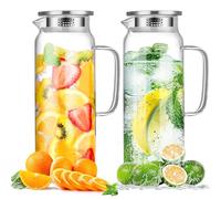 Confezione da 2 brocche in vetro da 2 l, con coperchio e manico, trasparente, resistente al calore, per acqua, succhi di frutta, frigorifero, bevande, caraffa