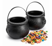 Confezione da 2 calderoni da strega extra large per Halloween, 20 cm, in plastica nera, secchiello per caramelle con manico, per dolcetto o scherzetto, riempitivi per sacchetti di caramelle