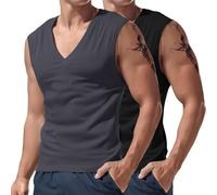 Confezione da 2 canottiere da uomo senza maniche, con scollo a V, per allenamento, palestra, bodybuilding, vestibilità muscolare, magliette estive, Grigio+nero, M