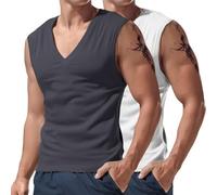 Confezione da 2 canottiere da uomo senza maniche, con scollo a V, per allenamento, palestra, bodybuilding, vestibilità muscolare, magliette estive, Grigio+bianco, M