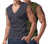 Confezione da 2 canottiere da uomo senza maniche, con scollo a V, per allenamento, palestra, bodybuilding, vestibilità muscolare, magliette estive, Grigio+verde, L