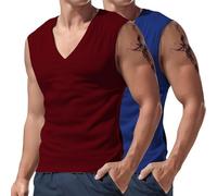 Confezione da 2 canottiere da uomo senza maniche, con scollo a V, per allenamento, palestra, bodybuilding, vestibilità muscolare, magliette estive, Rosso+blu, L