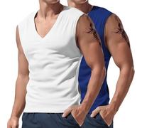 Confezione da 2 canottiere da uomo senza maniche, con scollo a V, per allenamento, palestra, bodybuilding, vestibilità muscolare, magliette estive, Bianco+blu, XXL