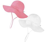 Confezione da 2 cappelli da sole in cotone per neonate e bambine, a tesa larga, cappello estivo UPF 50+, berretto da spiaggia per bambini con grazioso fiocco, Bianco e rosso rosa, 6-12 mesi