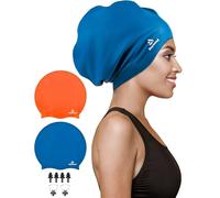 Confezione da 2 cappucci da nuoto extra large per capelli lunghi e spessi, in silicone per adulti, per donne uomini, cappelli da bagno impermeabili per trecce, dreadlocks, estensioni, riccioli, afros (arancione+blu marino)