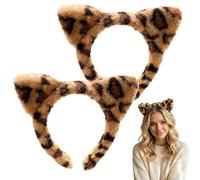 Confezione da 2 cerchietti per capelli con orecchie di gatto marrone leopardato da donna, in morbido tessuto con stampa leopardata, graziosi accessori per capelli per lavaggio quotidiano del viso