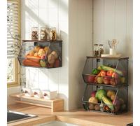 Confezione da 2 cestini per frutta da cucina, impilabili a parete, in rete metallica con coperchio in legno, da appendere, per riporre snack, verdure, prodotti in dispensa, contenitori per frutta