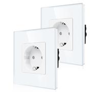 Confezione da 2 CNBINGO Presa singola da incasso in vetro, bianca - Semplice presa Schuko con protezione per bambini - Presa da muro con protezione a 16 A e cornice in vetro