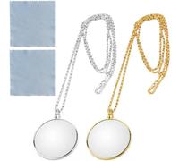 Confezione da 2 collane in lega, lente d'ingrandimento 5x con 2 panni in fibra, collana vintage portatile con lente d'ingrandimento per leggere e osservare gli insetti. (oro e argento)