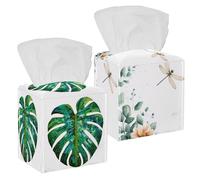 Confezione da 2 contenitori per fazzoletti, dispenser di tovaglioli quadrati per bagno, piano di lavoro, casa, ufficio, auto, piante verdi, fiori semplici e libellula volante