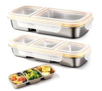 Confezione da 2 contenitori per snack con scomparti in acciaio inox, riutilizzabili con coperchio, 2 e 3 scomparti, per snack portatile, in acciaio inox, per bambini, per viaggi, scuola, campeggio