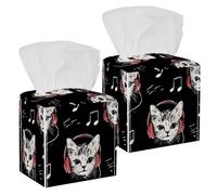 Confezione da 2 contenitori quadrati per fazzoletti, dispenser di tovaglioli per bagno, piano di lavoro, casa, ufficio, auto, gattino carino che ascolta la musica