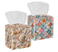 Confezione da 2 coperture decorative quadrate per fazzoletti, motivo squame di sirena con fiore, copertura a cubo in pelle PU, porta carta impermeabile per bagno, tavolo, auto, comodini, casa
