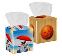 Confezione da 2 coperture per fazzoletti, motivo basket su pavimento in legno, in pelle PU, quadrate, per bagno, comò, tavolo, bancone, comodino, ufficio, auto