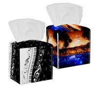 Confezione da 2 coperture per fazzoletti, motivo cielo notturno sulla foresta e sul fiume, in pelle PU, quadrate, per bagno, comò, tavolo, bancone, comodino, ufficio, auto