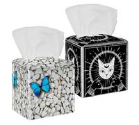 Confezione da 2 coperture per fazzoletti, motivo gatto nero con luna sul cielo notturno, in pelle PU, quadrate, per bagno, comò, tavolo, piano di lavoro, comodino, ufficio, auto