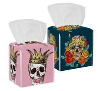 Confezione da 2 coperture per fazzoletti, motivo teschio e fiori, giorno dei morti, in pelle PU, quadrate, per bagno, comò, tavolo, bancone, comodino, ufficio, auto