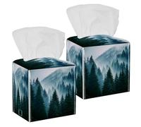 Confezione da 2 coperture per fazzoletti, paesaggio montano con misteriosa foresta di abeti quadrati, porta fazzoletti per bagno, comò, tavolo, piano di lavoro, comodino, ufficio e auto