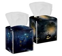 Confezione da 2 coperture per scatola di fazzoletti, lanterna horror zucca nel buio in pelle PU quadrata porta fazzoletti per bagno, comò, tavolo, piano di lavoro, comodino, ufficio, auto