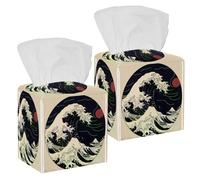 Confezione da 2 coperture per scatola di fazzoletti, motivo arte giapponese con onde oceaniche, supporto quadrato per bagno, comò, tavolo, bancone, comodino, ufficio, auto