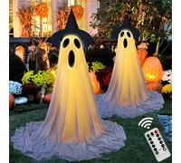 Confezione da 2 decorazioni per Halloween per esterni, fantasmi spettrali con luci a stringa di telecomando, kit fantasma fai da te con cappello da strega, luci a filo con telecomando, fantasma