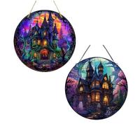 Confezione da 2 dischi acrilici con motivo castello di Halloween, ornamenti da appendere al buio, decorazioni creative per vestire allestimenti festivi