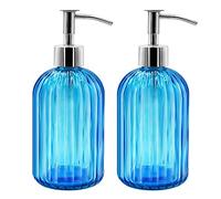 Confezione da 2 dispenser di sapone liquido in vetro, 400 ml, per shampoo e lozione, dispenser di vetro ricaricabile con pompa per bagno, cucina, lavanderia, piano di lavoro (blu)