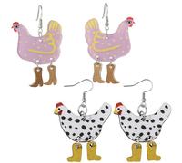 Confezione da 2 divertenti orecchini pendenti a forma di pollo con stivali, gioielli a pois (bianco e rosa) da donna
