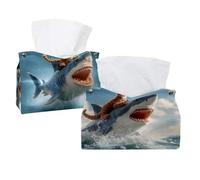 Confezione da 2 divertenti scatole per fazzoletti con gatto che cavalca uno squalo oceano (6) in pelle per il viso dispenser per cassettiera bagno decorativo