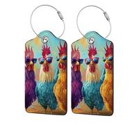 Confezione da 2 etichette per bagagli con tre polli che indossano occhiali da sole, in pelle, con patta per la privacy, etichetta identificativa e anello in metallo, per donne e uomini, da viaggio