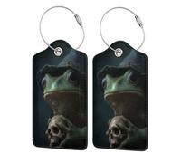 Confezione da 2 etichette per bagagli in pelle con cappello da strega, rana con teschio, con linguetta per la privacy, etichetta identificativa e anello in metallo, per donne e uomini, da viaggio