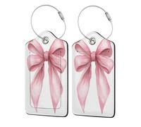 Confezione da 2 etichette per bagagli in pelle con fiocco rosa acquerello con coda lunga con linguetta per la privacy e anello in metallo, per donne e uomini, da viaggio